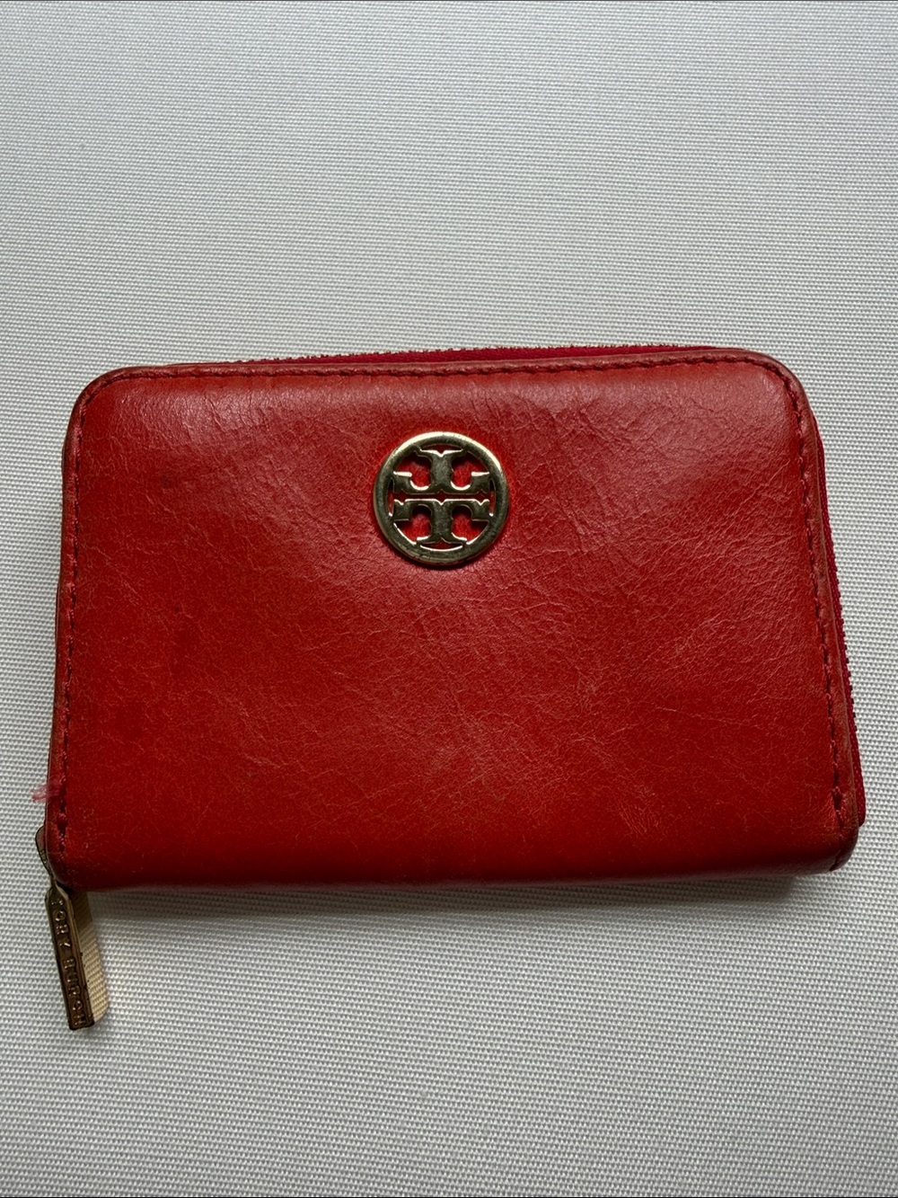 Tory Burch Red Leather Zip Around Wallet with Gold Logo